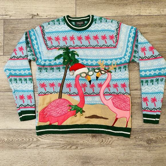 Pink Flamingo Ugly Christmas Sweater Men's Xl Bells Palm Trees Embellished - Picture 1 of 7